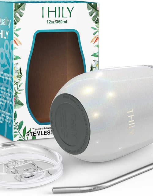Load image into Gallery viewer, 12Oz Insulated Stainless Steel Wine Tumbler with Sliding Lid &amp; Straw - Stemless Travel Cup for Coffee, Cocktails, Beer - Cold Drinks - Glitter White
