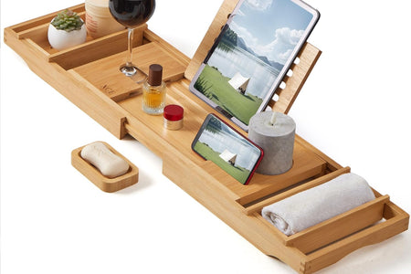 Bamboo Bathtub Caddy Tray - Expandable to 41 Inches with Book Stand, Soap Holder & Anti-Slip Pads for Luxury Bath Spa, Natural