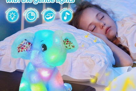 12‘’ Musical Light up Elephant Plush Toy Floppy LED Stuffed Animals Lullabies Nightlight Bedtime for Kids Birthday Valentines for Toddlers, Blue