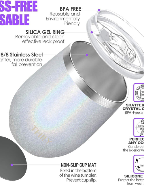 Load image into Gallery viewer, 12Oz Insulated Stainless Steel Wine Tumbler with Sliding Lid &amp; Straw - Stemless Travel Cup for Coffee, Cocktails, Beer - Cold Drinks - Glitter White
